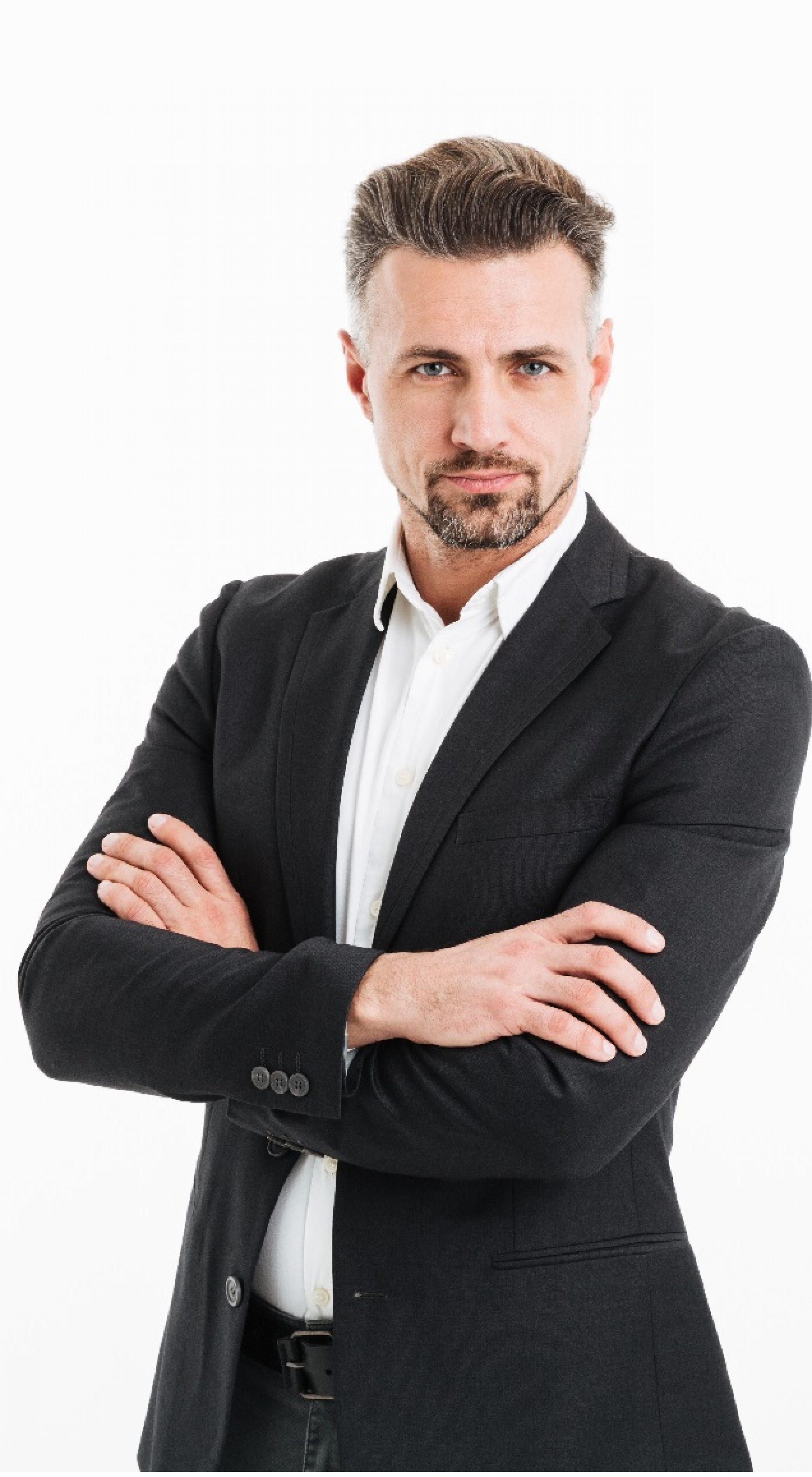 Portrait of a confident mature businessman dressed in suit showing ok gesture isolated over white background